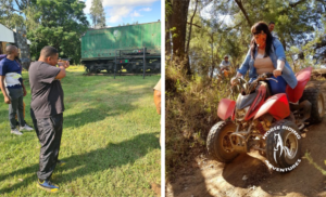 A collage of a person at a shooting range and a woman on quad bike from Horse Riding Adventure in Rayton