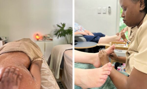 A collage of someone getting a back scrub and someone getting a foot scrub at Sne's Wellness Space in Sandton