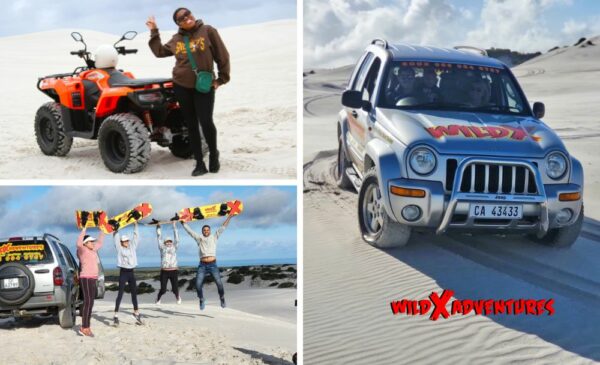 A collage of the Triple Thrill Combo available from WILD X Adventures including a Jeep 4x4 tour, glamboarding and quadbiking.