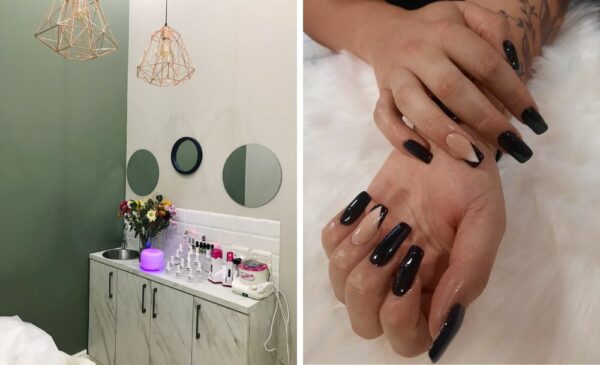 A collage of nails and a treatment area at Pedie Beauty Central