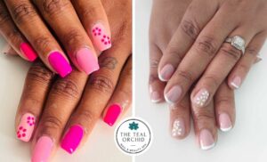 A collage of gel overlay nails done at The Teal Orchid in Montclair.