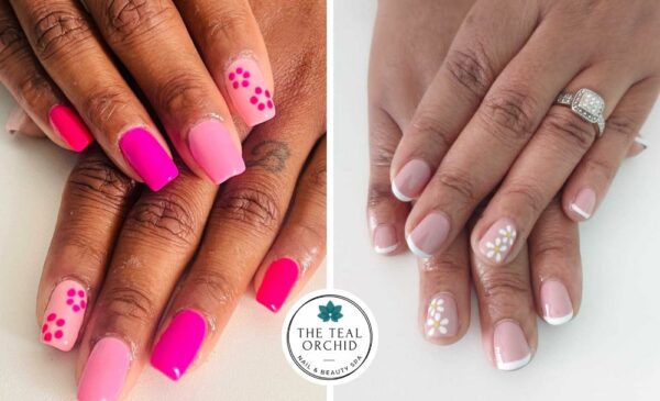 A collage of gel overlay nails done at The Teal Orchid in Montclair.