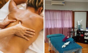 A collage of a treatment area and a woman getting a massage at Balance and Beauty in Musgrave