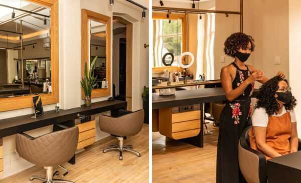 A collage of the salon and a woman getting her hair done at Excentric Hair on Kloof in Gardens