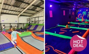 A collage of a child bouncing on a trampoline and the glow-in-the dark golf course at Jump 4 Fun in Strand