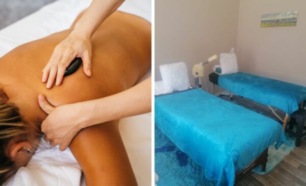 A Collage of a Treatment area and a woman getting a massage at The Right Retreat Beauty Parlour in Bedfordview