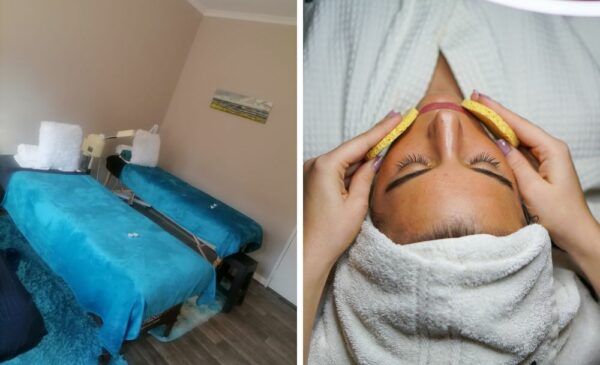 A collage of a treatment area and a woman getting a facial at The Right Retreat Beauty Parlour in Bedfordview