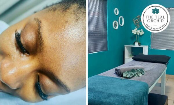 A woman's lash extensions done at The Teal Orchid alongside a treatment area at The Teal Orchid in Montclair.