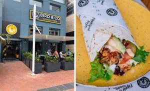 A collage of the outside of and a light meal made by Bird & Co at Gateway Mall