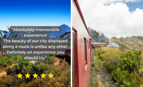 A collage of a review of CApe Rail Company and the view from the trip to The Elgin Railway Market
