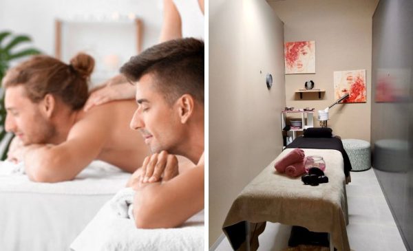 A collage of two men getting a massage and a treatment area at Chai Thai Spa in Centurion