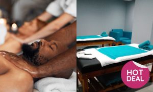 A collage of a couple getting a massage and a treatment area at La Jour Day Spa Medstone Medical Center in Umhlanga Ridge