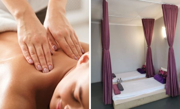 A collage of a woman enjoying a massage and the treatment area at Lisa Thai Spa in Fourways