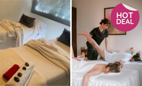 A collage of a treatment area and two friends getting a massage at O-Seasons Spa in Fourways