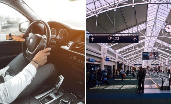 A collage of an airport and someone driving a car