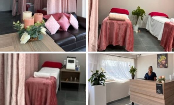 A collage of the treatment areas and front desk at Bakone Beauty Clinique in Mondeor