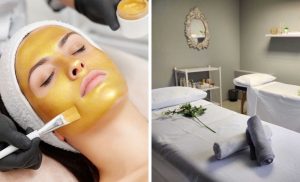 A collage of a woman getting a 24K gold collagen facial and a treatment area at Delight Aesthetic Spa in Umhlanga