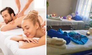 A collage of a couple getting a massage and a treatment area at Diva's Queen Spa in Fourways