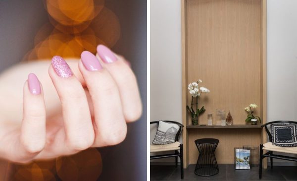 A collage of a gel manicure and a waiting area at Excentric Hair on Kloof in Gardens