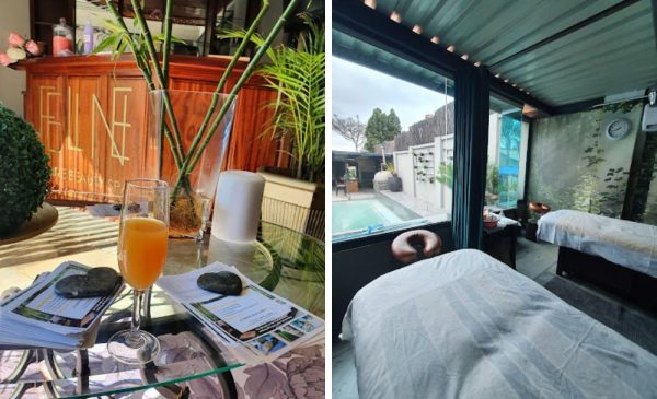 A collage of the front desk and a treatment area at Feline Spa & Beauty Labs in Faerie Glen