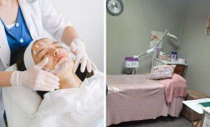 A collage of a woman getting a deep cleansing facial and a treatment area at Gab's Beauty in Hillcrest