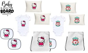 A collage of personalized baby bundles from Katz Design available for national delivery