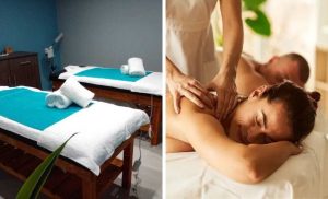 A collage of a stock photo of a couple receiving a massage and a treatment area at La Jour Day Spa at Medstone Medical Center in Umhlanga