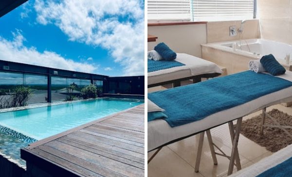 A collage of the outdoor pool and a treatment area at La Jour Day Spa - The Square Boutique Hotel in Umhlanga Rocks