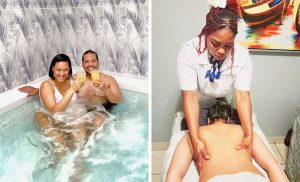 A collage of a couple in a hot tub and a woman getting a massage at La Vita Spa in KZN