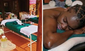 A collage of a woman getting a massage and a treatment area at Lethabo la Tshiamo Day Spa in Pretoria North