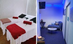 A collage of a treatment area and the waiting area at Reflections Day Spa in Cape Town City Centre