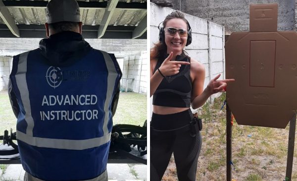 A collage of an instructor and a woman posed next to a target at SL Training in Cape Town