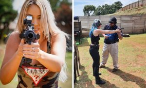 A collage of a woman holding a gun and an instructor with a woman at SL Training in Cape Town