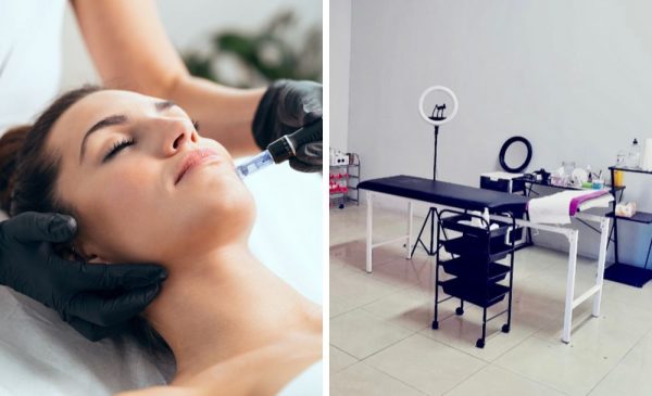 A collage of a stock photo of a woman receiving microneedling and a treatment area at Shape It in Umhlanga