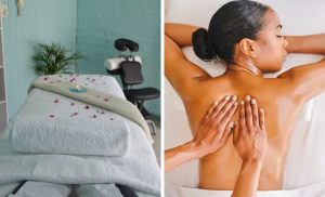 A collage of a woman getting a massage and a treatment area at Signature Touch Studio in Milnerton