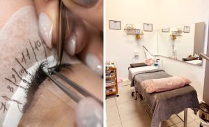 A collage of a woman getting a classic lash set and a treatment area at Toned and Polished in Big Bay