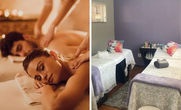 A collage of a couple getting a massage and a treatment area at Vee Fab Beauty & Spa in Randburg