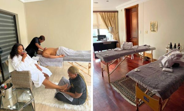 A collage of a couple having a massage and a treatment area at Zen Wellness Spa in Midrand