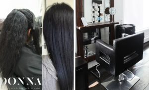 A collage of a woman's hair and a treatment area at Bella Donna Beauty and Aesthetics Studio in Edenvale