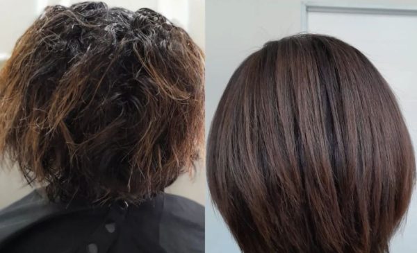 A before and after photo of a woman's hair done at Bella Donna Beauty and Aesthetics Studio in Edenvale