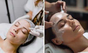 A collage of stock photos of a woman getting a chemical peel and a woman having microneedling done