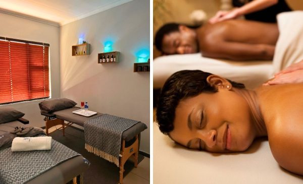 A collage of a stock photo of a couple having a massage and a treatment area at Graceful Serenity Wellness Spa in Sandton