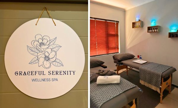 A collage of a treatment area and the logo for Graceful Serenity Wellness Spa in Sandton