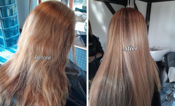 A before and after collage of a woman's hair during a hair salon bundle from Hair By Mario in Randburg