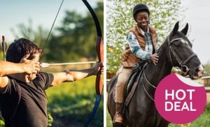 A collage of a stock photo of a man trying archery and a stock photo of a woman trying horse riding
