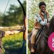 A collage of a stock photo of a man trying archery and a stock photo of a woman trying horse riding