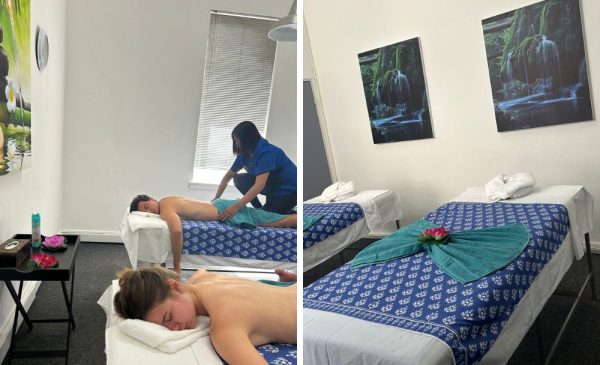 A collage of a treatment area and a couple getting a massage at Nong Khai Spa in Cape Town CBD
