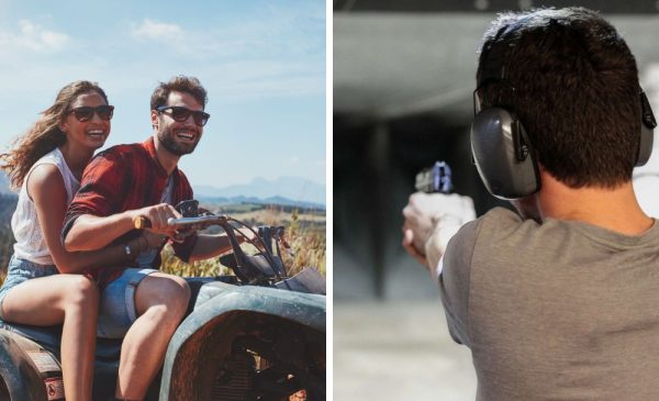 A collage of stock photos of a couple on a quadbike and a man at a shooting range
