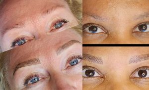 A collage of before and after photos of a combo brow application at Howa Aesthetics @ Seamless Beauty in Tokai