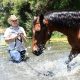 A woman with a horse in a stream from SA Horse Trails in Fourways